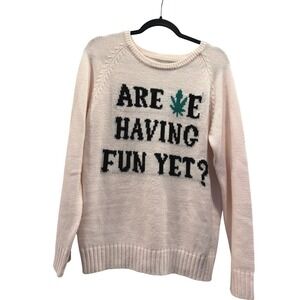 UNIF Are We Having Fun Yet Pink Graphic Knit Pot Leaf Sweater Medium Stoner Edgy